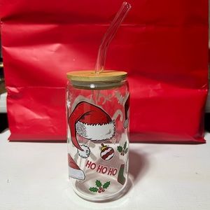 Christmas glass cup with Bamboo lid and glass straw. 16 oz Christmas Edition